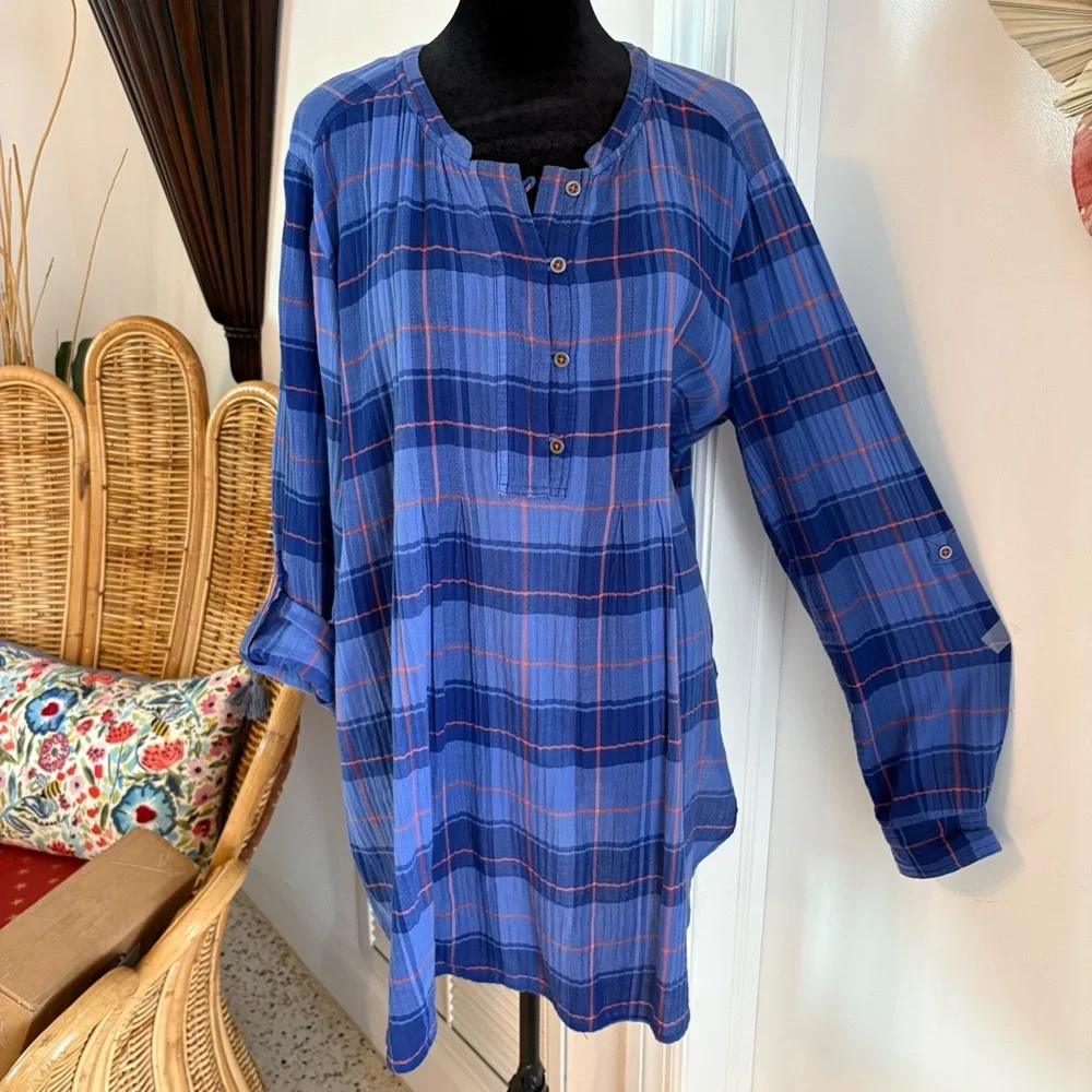 Anthropologie HOLDING HORSES Blue Plaid Long Cotton Tunic Casual Shirt! Great. L - Picture 2 of 9
